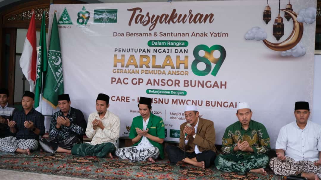 Sambut Harlah Gerakan Pemuda Ansor yang ke-89, Pimpinan Anak Cabang (PAC) GP Ansor Bungah menggelar tasyakuran doa bersama dan santunan anak yatim piatu pada Kamis (13/4/2023) di Masjid Baitul Abror Abar-Abir, Bungah, Gresik.