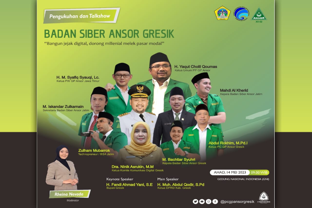 Poster publikasi digital Badan Siber Ansor Gresik yang bakal menggelar Pengukuhan dan Talkshow pada Ahad 14 Mei 2023. Foto: BSA Ansor Gresik/NUGres