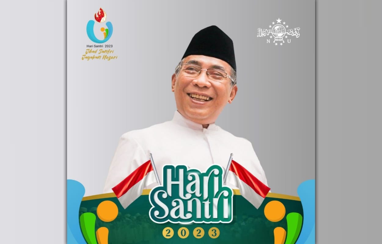 Ketua Umum PBNU, KH Yahya Cholil Staquf, memajang twibbon Hari Santri 2023. Foto: X @YahyaCStaquf/NUGres