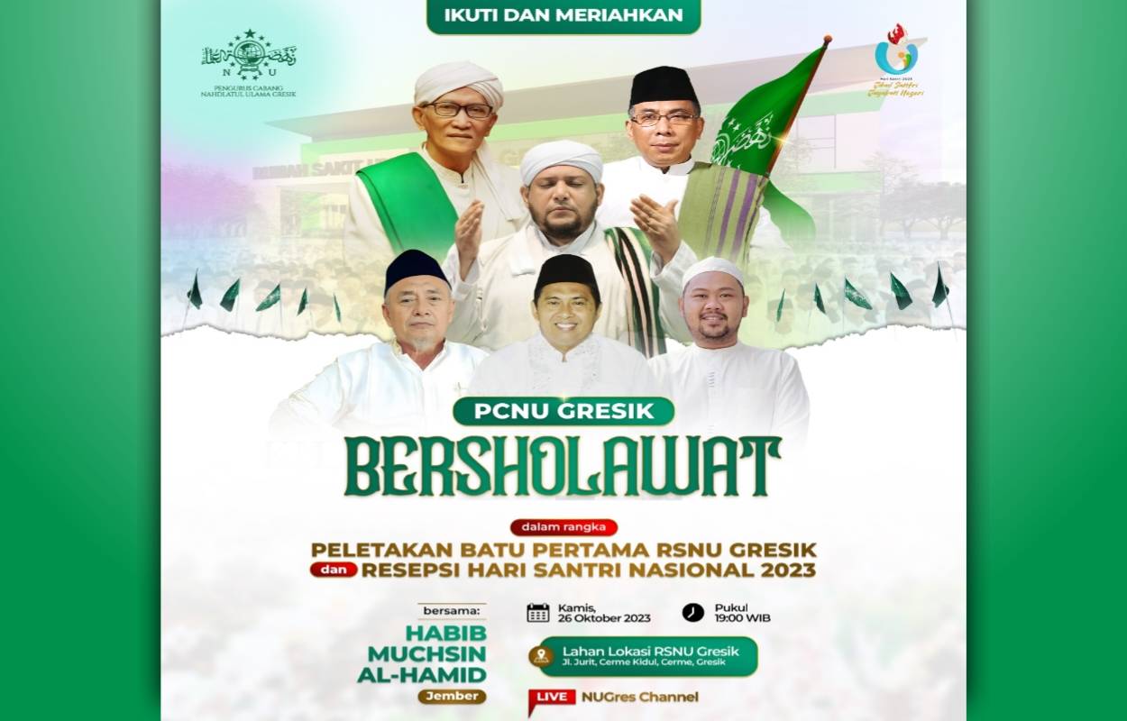 Flyer Publikasi PCNU Gresik Bersholawat dalam rangka Peletakan Batu Pertama RSNU Gresik dan Resepsi Hari Santri Nasional 2023, pada Kamis 26 Oktober 2023. Foto/ilustrasi: NUGres