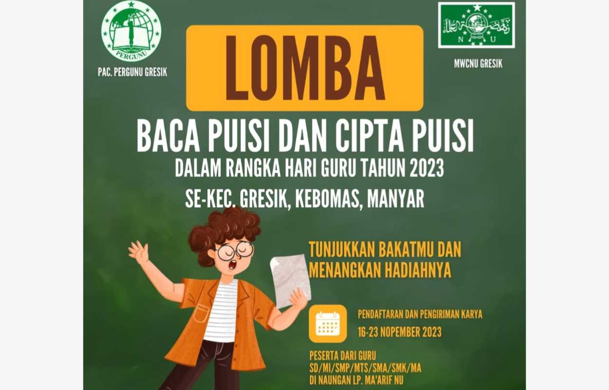 Flyer publikasi Lomba Cipta Puisi dan Baca Puisi Online yang digelar Pimpinan Anak Cabang Persatuan Guru Nahdlatul Ulama Gresik. Foto: dok Panpel PAC Pergunu Gresik/NUGres