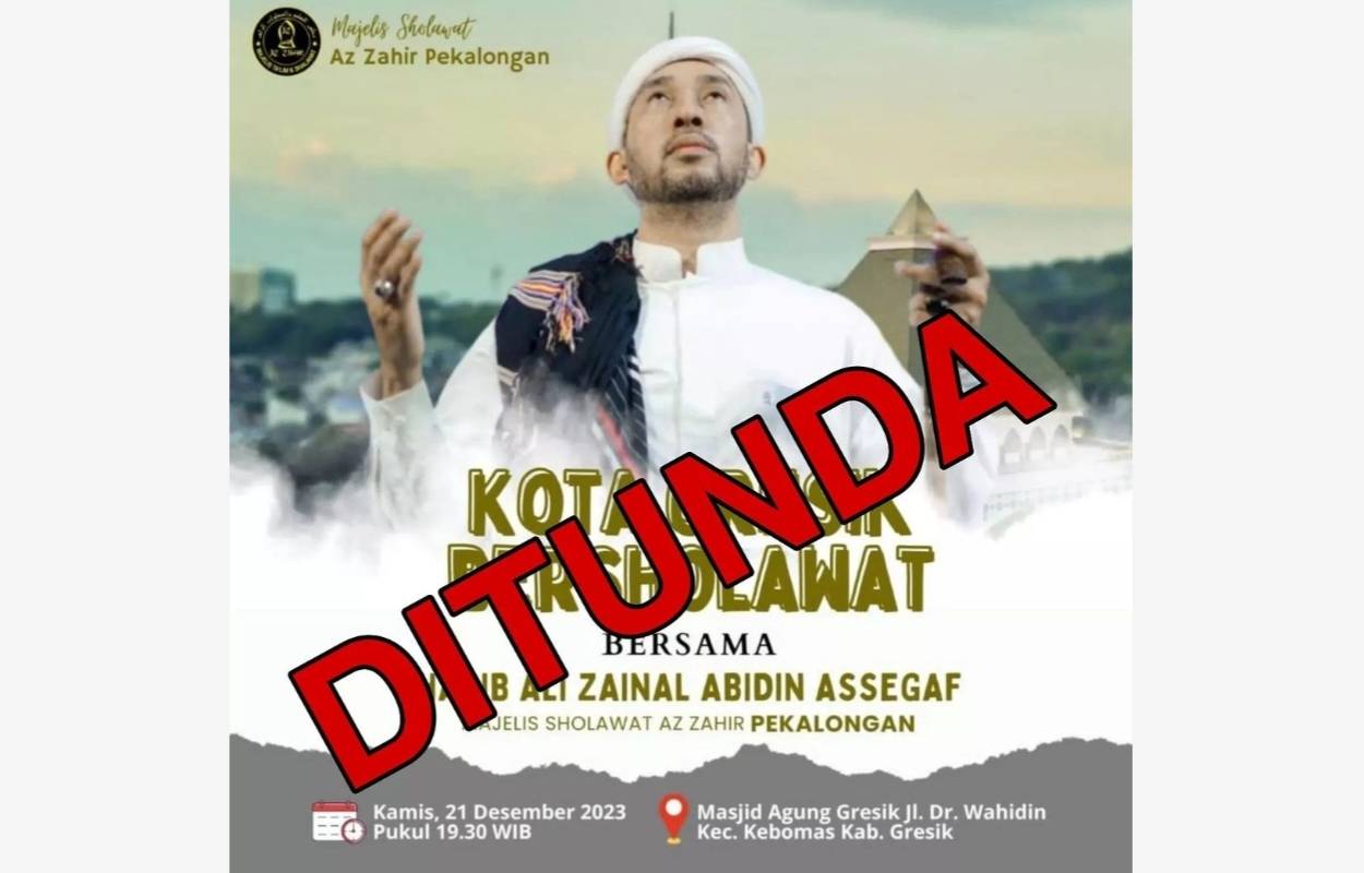 Flyer pemberitahuan penundaan Kota Gresik Bersholawat. Foto: instagram ofisial @masjidagunggresik/NUGres