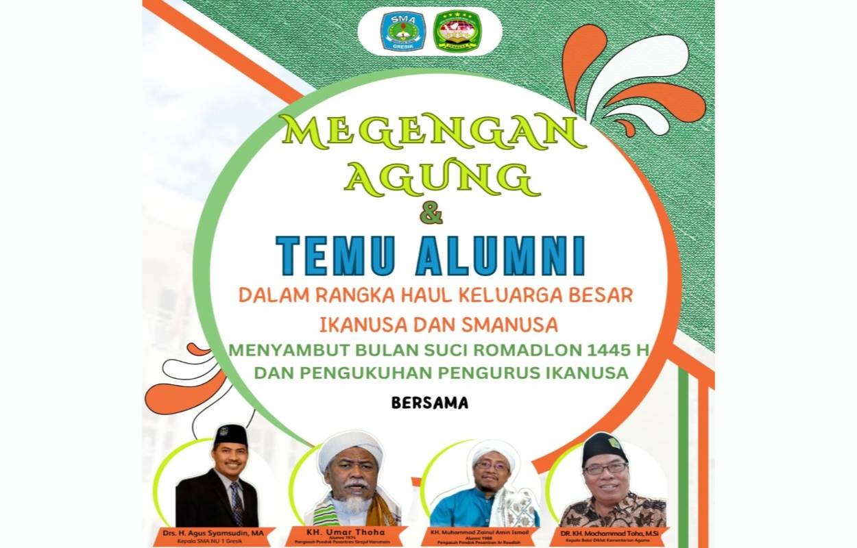 Poster publikasi Megengan Agung, Temu Alumni dan Peringatan Harlah ke 56 SMA Nahdlatul Ulama 1 Gresik yang diselenggarakan IKANUSA. Foto: ist/NUGres