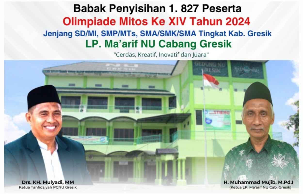 Poster publikasi olimpiade Mitos ke XIV tahun 2024 LP Ma'arif NU Cabang Gresik. Foto: dok PC LP Ma'arif NU Gresik/NUGres