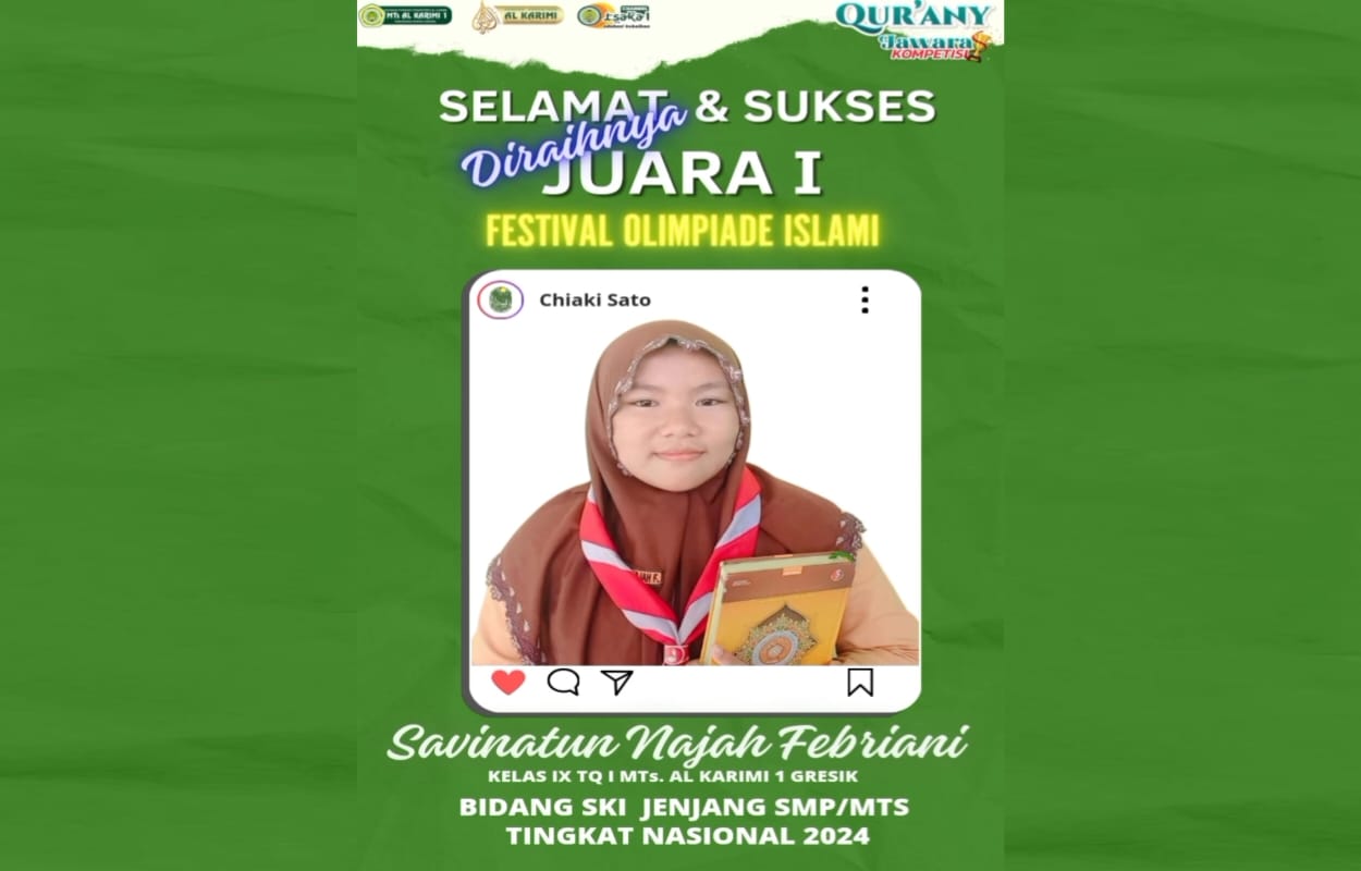 Savinatun Najah Ferbriani, peraih Juara 1 Festival Olimpiade Islami bidang Sejarah Kebudayaan Islam. Foto: dok MTs Al Karimi 1 Gresik/NUGres