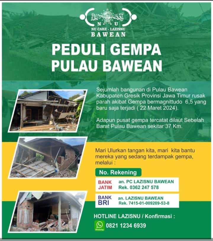 Flyer Penggalangan Donasi Peduli Gempa Pulau Bawean. Foto: dok Intragam @NU Bawean/NUGres