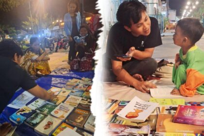 Rekan M. Wasito Aji saat bercengkrama dengan anak-anak pengunjung lapak buku "Kader Literasi" di Bandar Grissee. Foto: dok rekan Aji/NUGres