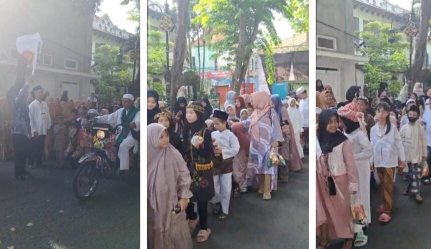 Semarakkan Haul ke-557 Nyai Ageng Pinatih, anak-anak dari TPQ dan perwakilan RT di Kelurahan Kebungson Kecamatan Gresik Kabupaten Gresik mengikuti Kirab Budaya, Kamis (18/4/2024). Foto: ist/NUGres