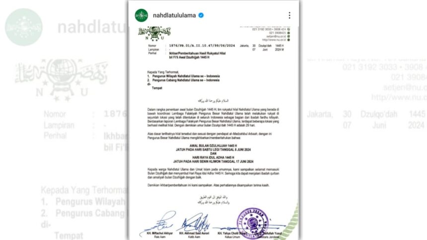Ikhbar PBNU tentang awal bulan Dzulhijjah dan Hari Raya Idul Adha 1445 Hijriah. Foto: Akun resmi instagram @nahdlatululama/NUGres