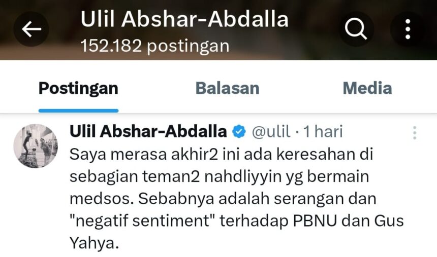 Cuitan Ketua PBNU KH Ulil Abshar Abdalla di akun X miliknya. Foto: Sc akun X @ulil/NUGres