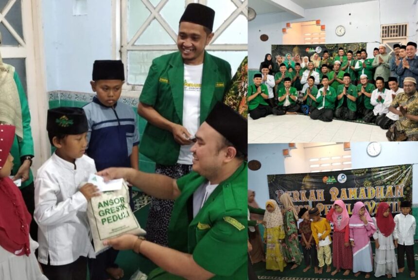 Pimpinan Anak Cabang (PAC) Gerakan Pemuda (GP) Ansor Kecamatan Sidayu Gresik menyalurkan santunan kepada Anak Yatim dan dhuafa di Bulan Ramadhan 1446 H/2025. Foto: dok PAC GP Ansor Sidayu/NUGres