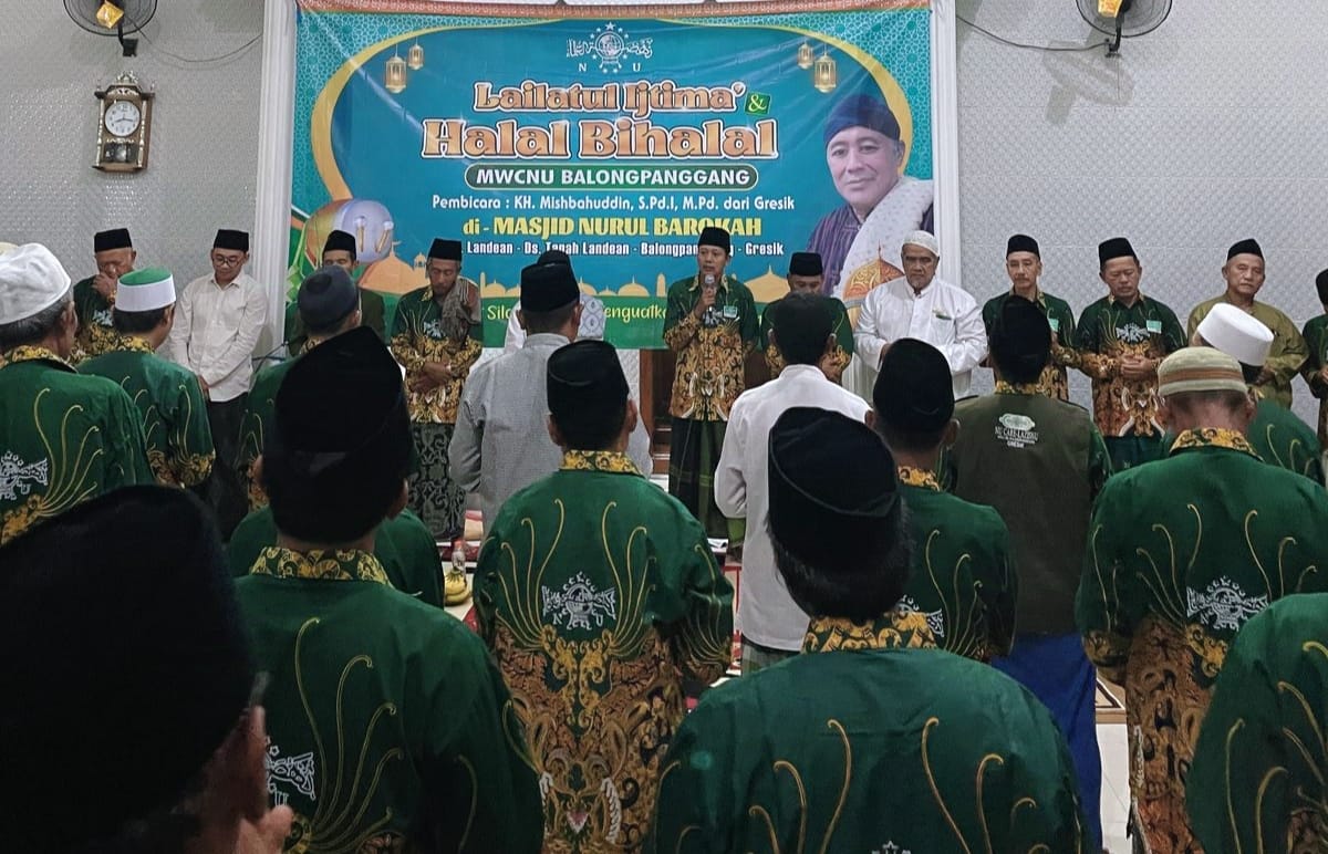 MWCNU Balongpanggang bersama lembaga dan badan otonom menggelar Halal Bihalal 1446 H dan Lailatul Ijtima', Sabtu (12/4/2025). Foto: dok MWCNU Balongpanggang/NUGres
