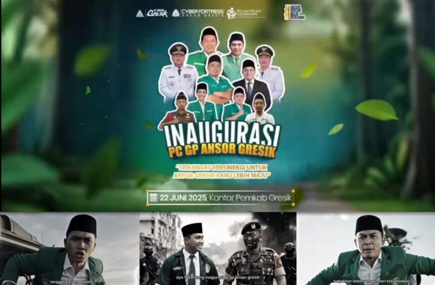Kader Ansor Gresik terpantau kompak memviralkan publikasi apel kader dan inaugurasi PC GP Ansor Gresik yang akan berlangsung pada Ahad, 22 Juni 2025, di Kantor Pemkab Gresik. Menariknya, publikasi memanfaatkan video dengan sentuhan Artificial Intellegence (Ai). Foto: dok PC GP Ansor Gresik/NUGres