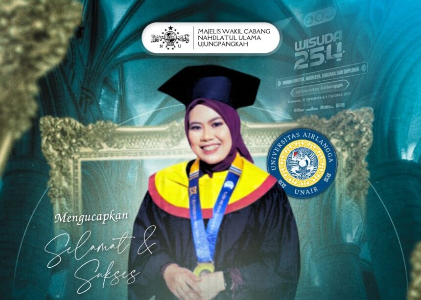 Ucy Nur Hamida Al Abrori, drg., M.Kes., yang menjabat Kepala Klinik Mabarrot AlMustasyfa MWCNU Ujungpangkah, berhasil meraih gelar Lulusan Terbaik pada Program Magister Universitas Airlangga Surabaya. Foto: dok MWCNU Ujungpangkah/NUGres