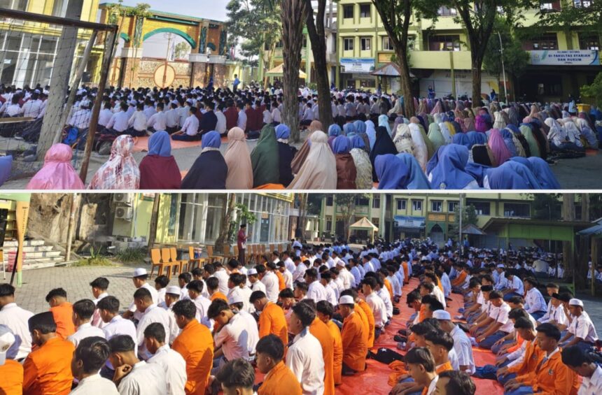 Ribuan murid, tenaga pendidik LPI Al Azhar YPP Darul Ihsan Menganti Gresik hingga tokoh masyarakat setempat, melaksanakan Salat Ghaib, Tahlil Akbar, dan Doa bersama, pada Senin (6/10/2025) pagi, untuk para syuhada Ponpes Al Khoziny. Foto: dok PP Darul Ihsan Menganti/NUGres