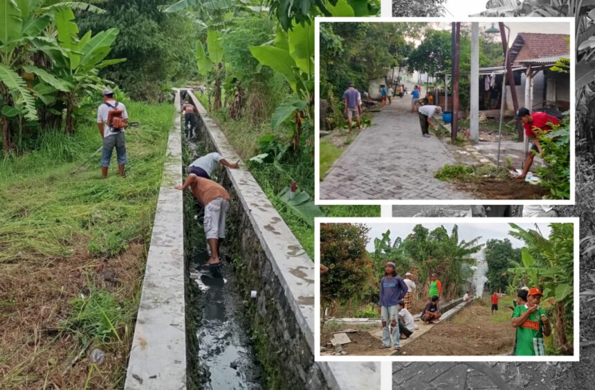 Warga Dusun Miru Desa Banyuurip Kecamatan Kedamean Gresik menghidupkan kembali nilai gotong-royong melalui kerja bakti dalam rangka meningkatkan kewaspadaan dini risiko banjir dan penyakit demam berdarah, Ahad (16/11/2025). Foto: ist/NUGres