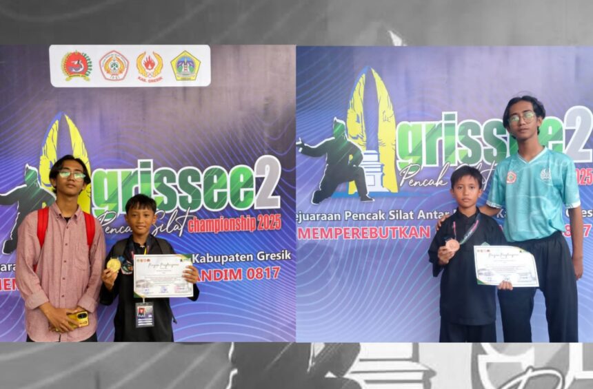 Dua pendekar cilik Pagar Nusa dari Madrasah Ibtidaiyah (MI) Tarbiyatul Wathon Campurejo Panceng Gresik berhasil memboyong medali di ajang bergengsi 'Grissee Pencak Silat Championship II 2025'. Foto: dok MI Tarbiyatul Wathon/NUGres