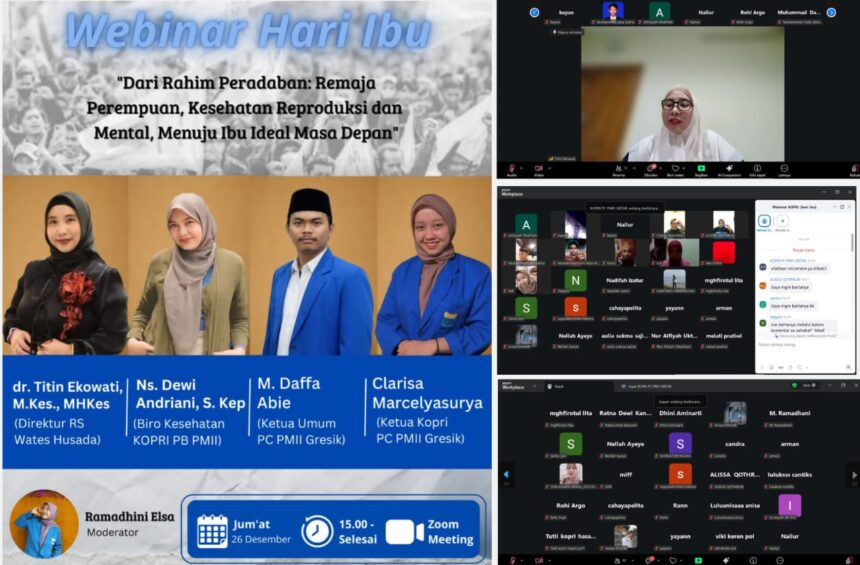 Korps PMII Putri (Kopri) Pengurus Cabang (PC) Pergerakan Mahasiswa Islam Indonesia (PMII) Gresik sukses menyelenggarakan webinar dalam rangka memperingati Hari Ibu pada Jumat (26/12/2025). Foto: dok Kopri PC PMII Gresik/NUGres