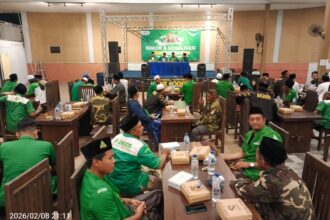 Pimpinan Anak Cabang (PAC) GP Ansor Balongpanggang sukses menyelenggarakan Rapat Koordinasi (Rakor) sekaligus Sosialisasi Empat Pilar Kebangsaan pada Ahad (8/2/2026). Foto: Samsul/NUGres
