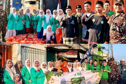 KOMPAK. Kader NU dari lintas Badan Otonom Nahdlatul Ulama Duduksampeyan Gresik berkolaborasi bagikan takjil, Sabtu (14/3/2026). Foto: dok PAC GP Ansor Duduksampeyan/NUGres