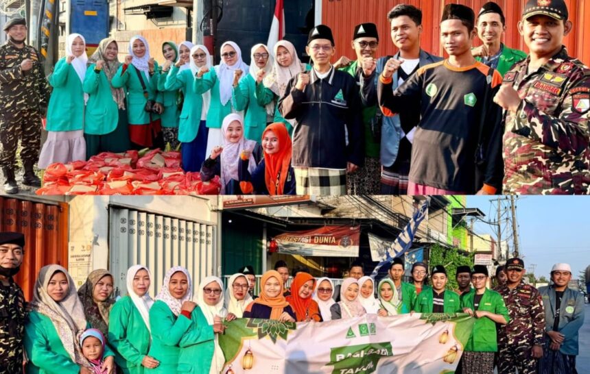 KOMPAK. Kader NU dari lintas Badan Otonom Nahdlatul Ulama Duduksampeyan Gresik berkolaborasi bagikan takjil, Sabtu (14/3/2026). Foto: dok PAC GP Ansor Duduksampeyan/NUGres