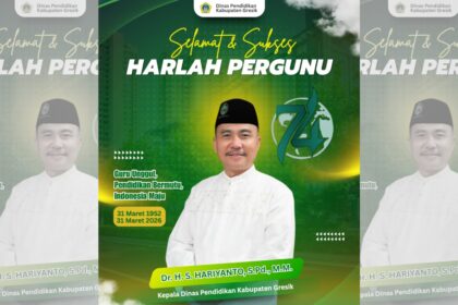 Poster digital ucapan tahniah atas Harlah ke-74 Persatuan Guru Nahdlatul Ulama (PERGUNU) oleh Kepala Dinas Pendidikan Kabupaten Gresik, Dr. H. S. Hariyanto. Foto: ist/NUGres