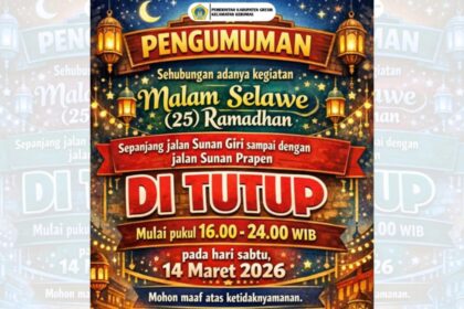Tradisi Malam Selawe digelar hari ini, Sabtu (14/3/2026). penutupan sementara sejumlah akses jalan di kawasan sekitar Jalan Sunan Giri hingga Jalan Sunan Prapen. Foto: ist/NUGres