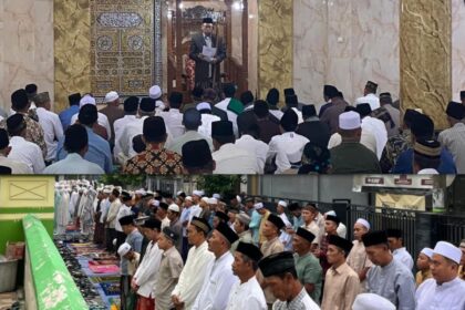 Ribuan warga memadati Masjid Jami’ Nurul Hidayah saat melaksanakan Salat Idulfitri 1447 H bersama Rais Syuriyah MWCNU Cerme Gresik, Sabtu (21/3/2026) kemarin. Foto: dok Takmir Masjid Jami' Nurul Hidayah Padeg/NUGres