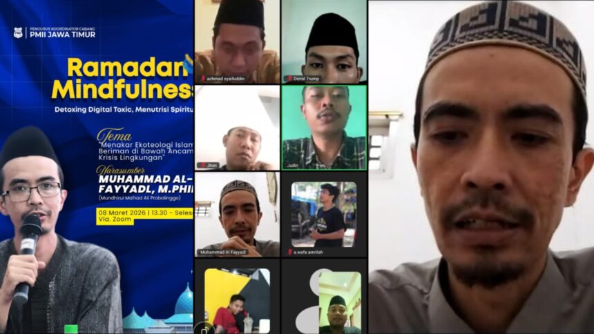 Diskusi secara virtual PKC PMII Jatim Bahas Ekoteologi Islam bersama Gus Muhammad Al-Fayyadl, Ahad (8/3/2026). Foto: ist/NUGres