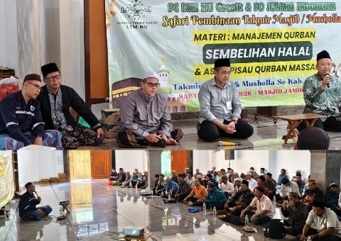 Menyambut momentum Idul Adha 1447 Hijriah, Lembaga Takmir Masjid Nahdlatul Ulama (LTMNU) Gresik memberikan pelatihan kepada ratusan takmir masjid berkenaan dengan Qurban Halal, Sabtu (25/4/2026). Foto: dok LTMNU Gresik/NUGres