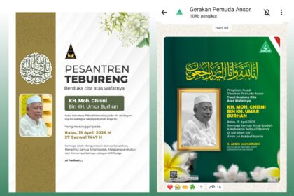 Ketua Umum Pimpinan Pusat GP Ansor H. Addin Jauharuddin hingga Pondok Pesantren Tebuireng Jombang sampaikan duka atas wafatnya Mustasyar PCNU Gresik KH Moch Chisni. Foto: ist/NUGres