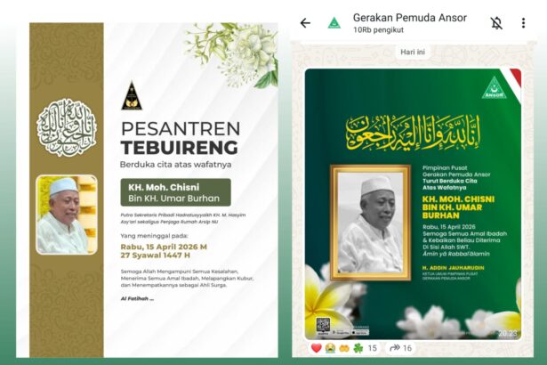 Ketua Umum Pimpinan Pusat GP Ansor H. Addin Jauharuddin hingga Pondok Pesantren Tebuireng Jombang sampaikan duka atas wafatnya Mustasyar PCNU Gresik KH Moch Chisni. Foto: ist/NUGres