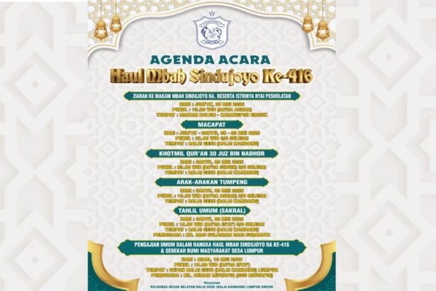 Flyer rangkaian kegiatan Haul ke-416 Mbah Sindujoyo yang akan berlangsung 8-10 Mei 2026. Foto: dok Panitia/NUGres