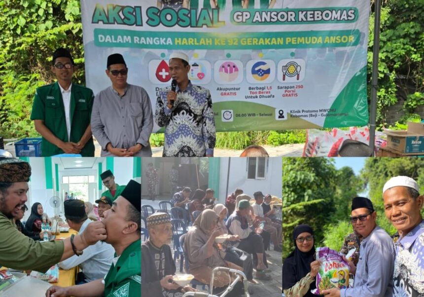 Peringati Harlah ke-92 GP Ansor, PAC GP Ansor Kebomas bersama warga menggelar bakti sosial, mulai dari donor darah, cek kesehatan hingga membagikan 1,5 ton beras, Sabtu (9/5/2026). Foto: dok PAC GP Ansor Kebomas/NUGres